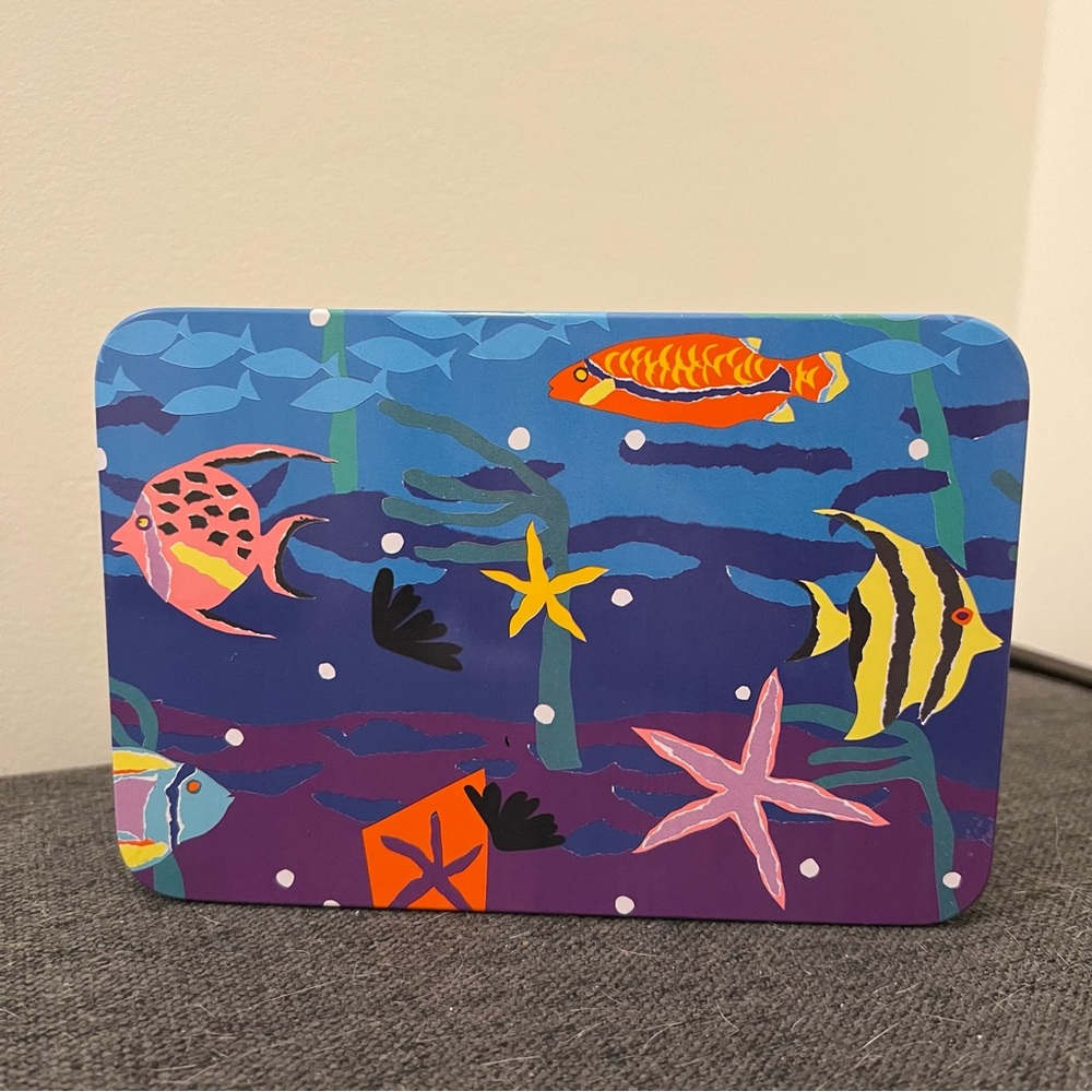 Colorful Ocean-Themed Vintage Ocean Fish Metal Tin Container Blue Purple 7 inch